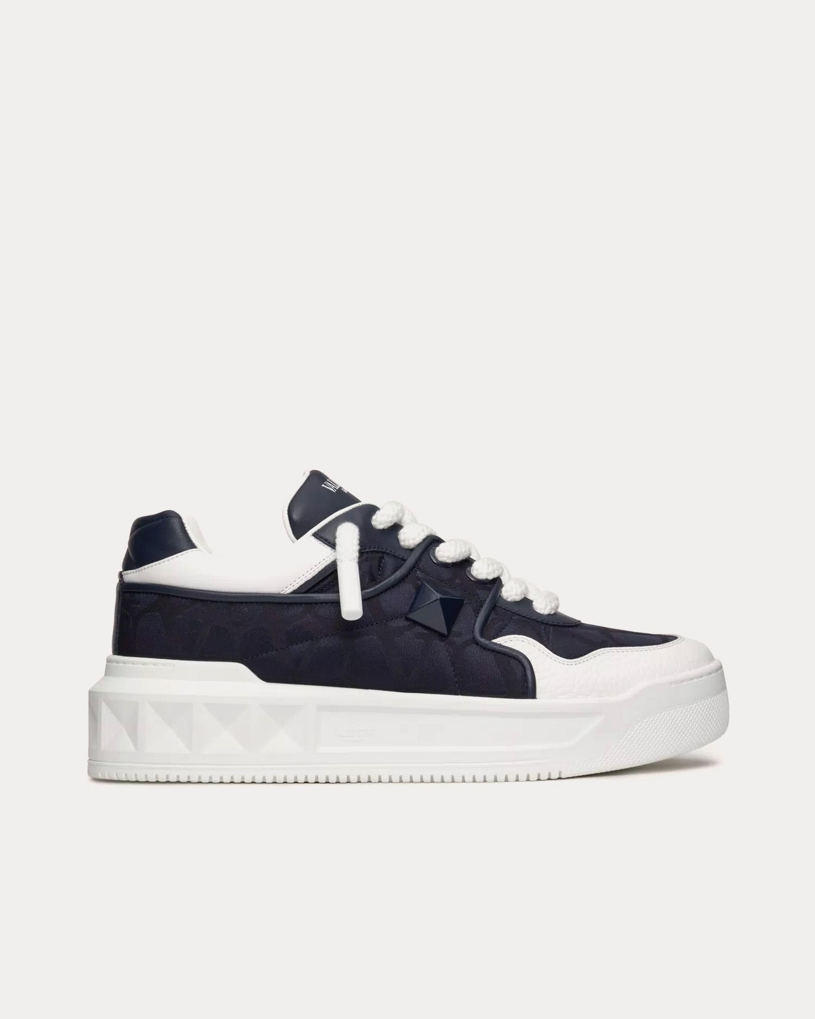 Valentino One Stud XL Nappa Leather & Toile Iconographe Jacquard Technical Fabric Marine / White Low Top Sneakers - 1