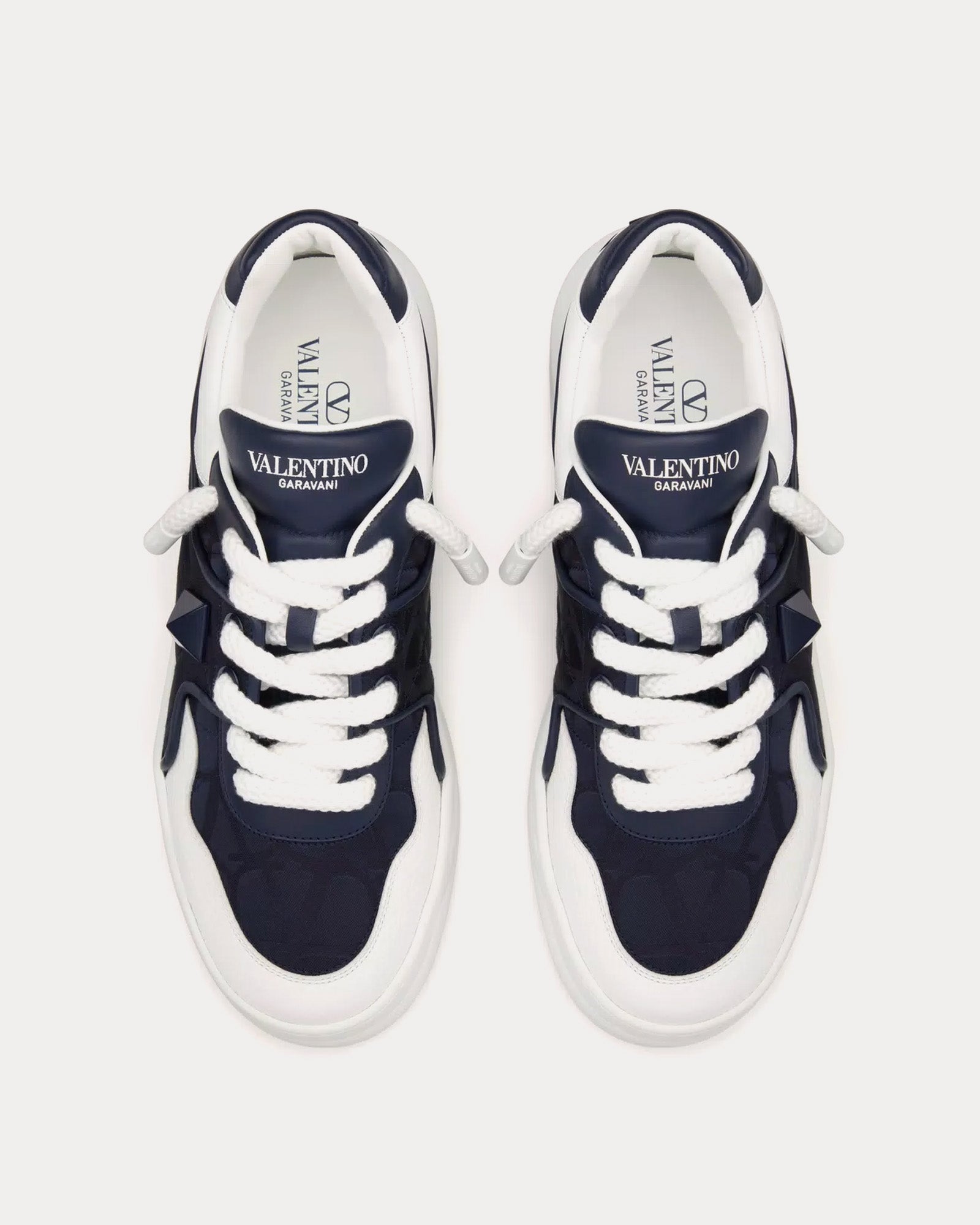 Valentino One Stud XL Nappa Leather & Toile Iconographe Jacquard Technical Fabric Marine / White Low Top Sneakers - 2