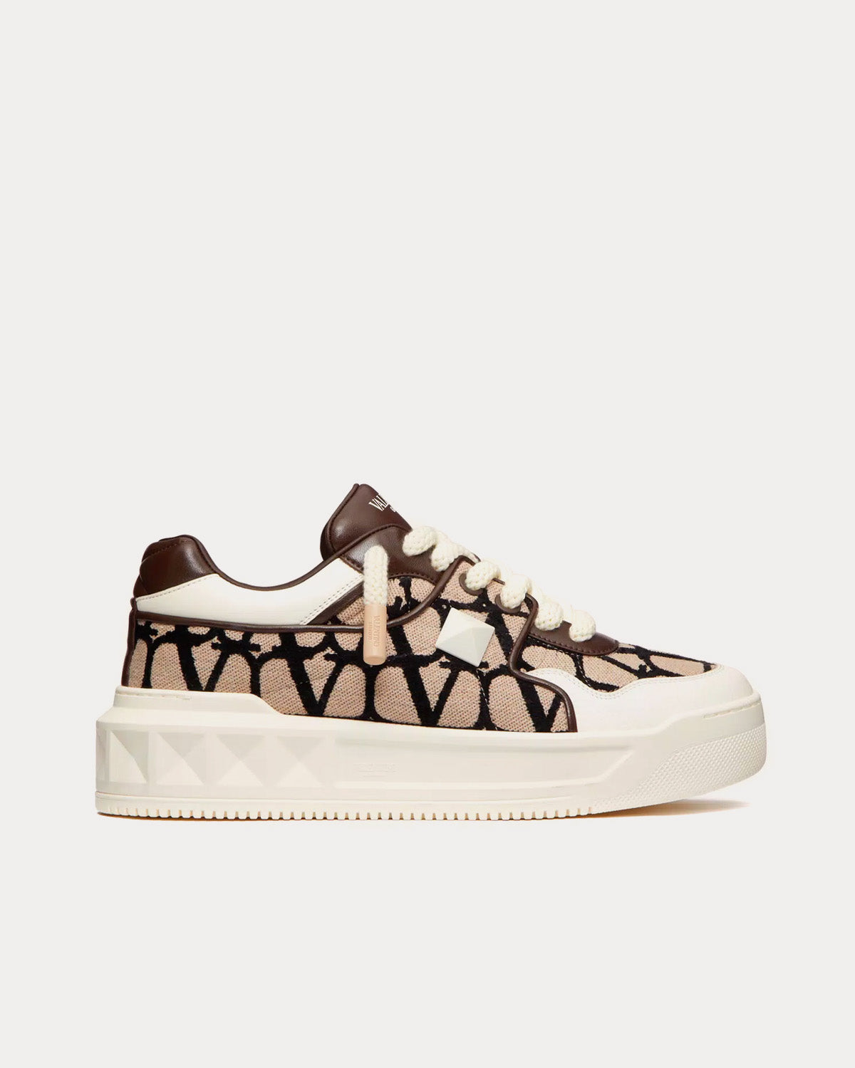 Valentino ONE STUD XL Nappa Leather & Toile Iconographe Fabric Beige / Black Low Top Sneakers - 1