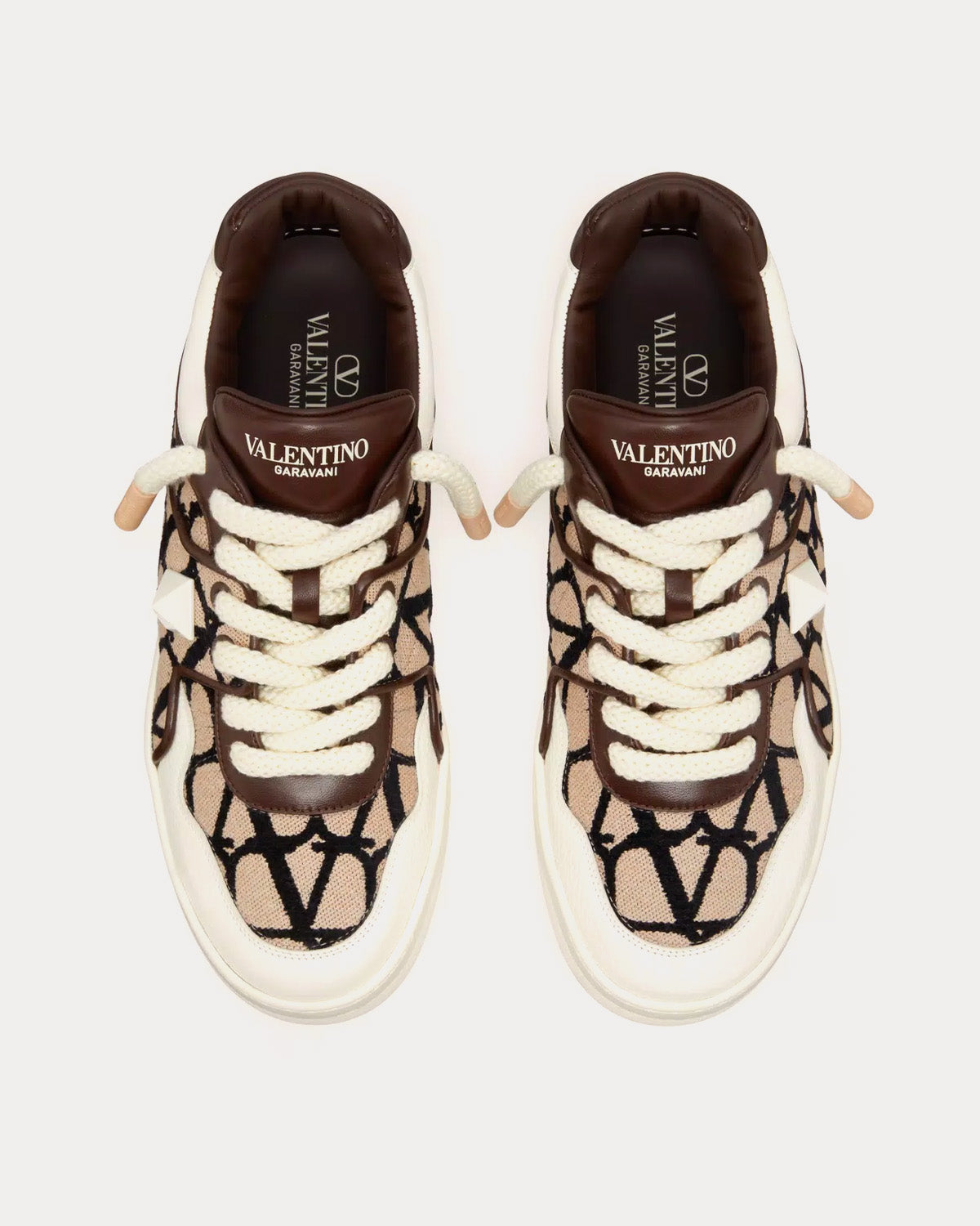 Valentino ONE STUD XL Nappa Leather & Toile Iconographe Fabric Beige / Black Low Top Sneakers - 2