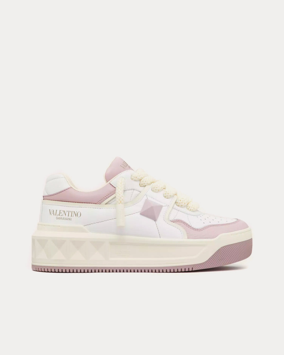 Valentino One Stud Nappa Leather White / Pink Low Top Sneakers - 1