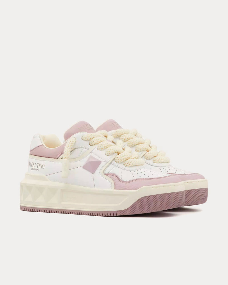 Valentino One Stud Nappa Leather White / Pink Low Top Sneakers - 3