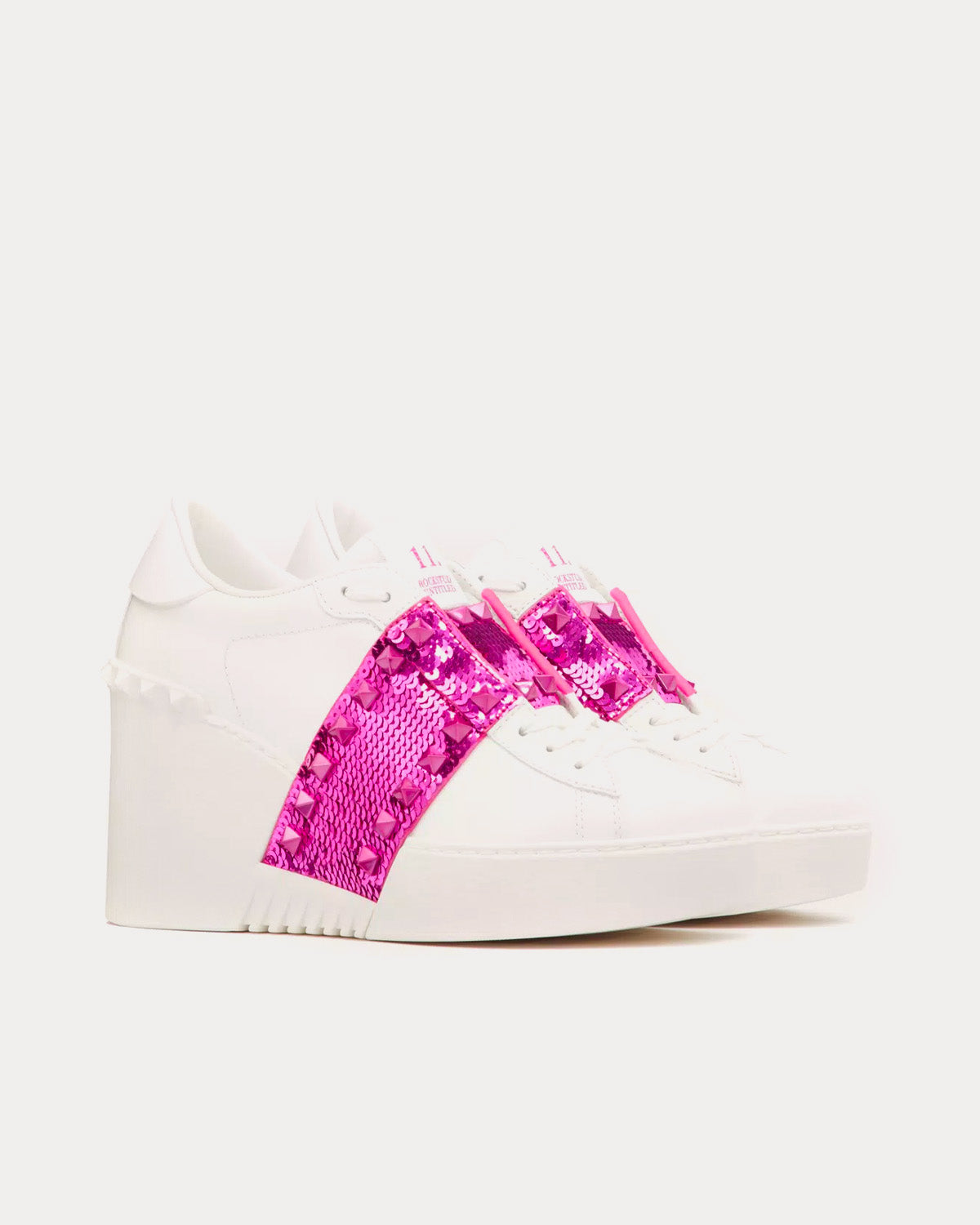 Valentino Open Disco Wedge Calfskin & Sequins White / Pink PP Low Top Sneakers - 3