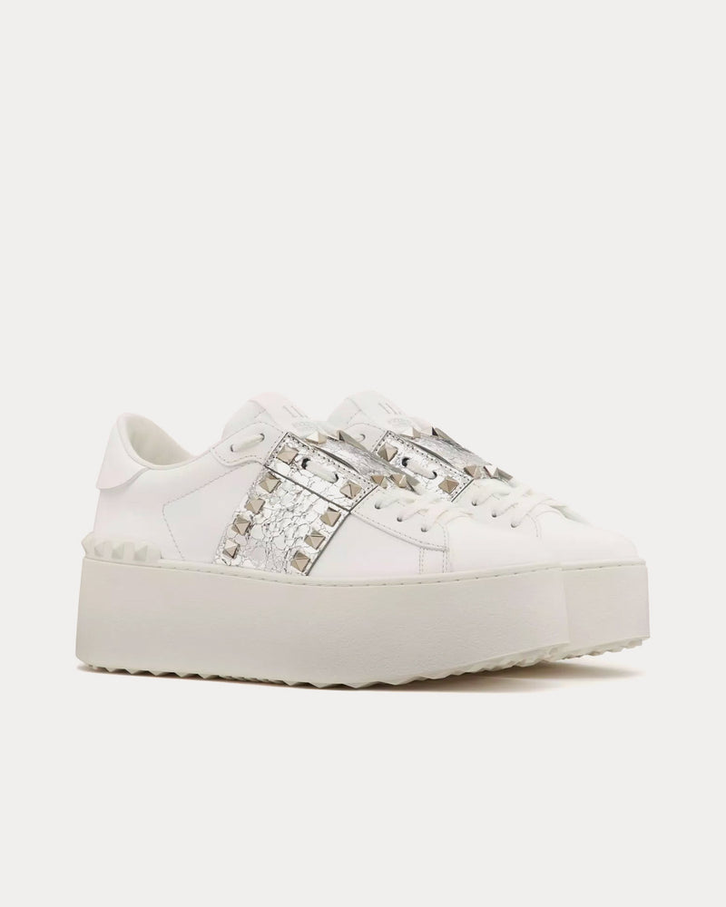 Valentino Rockstud Flatform Untitled Calfskin White / Silver Low Top Sneakers - 3