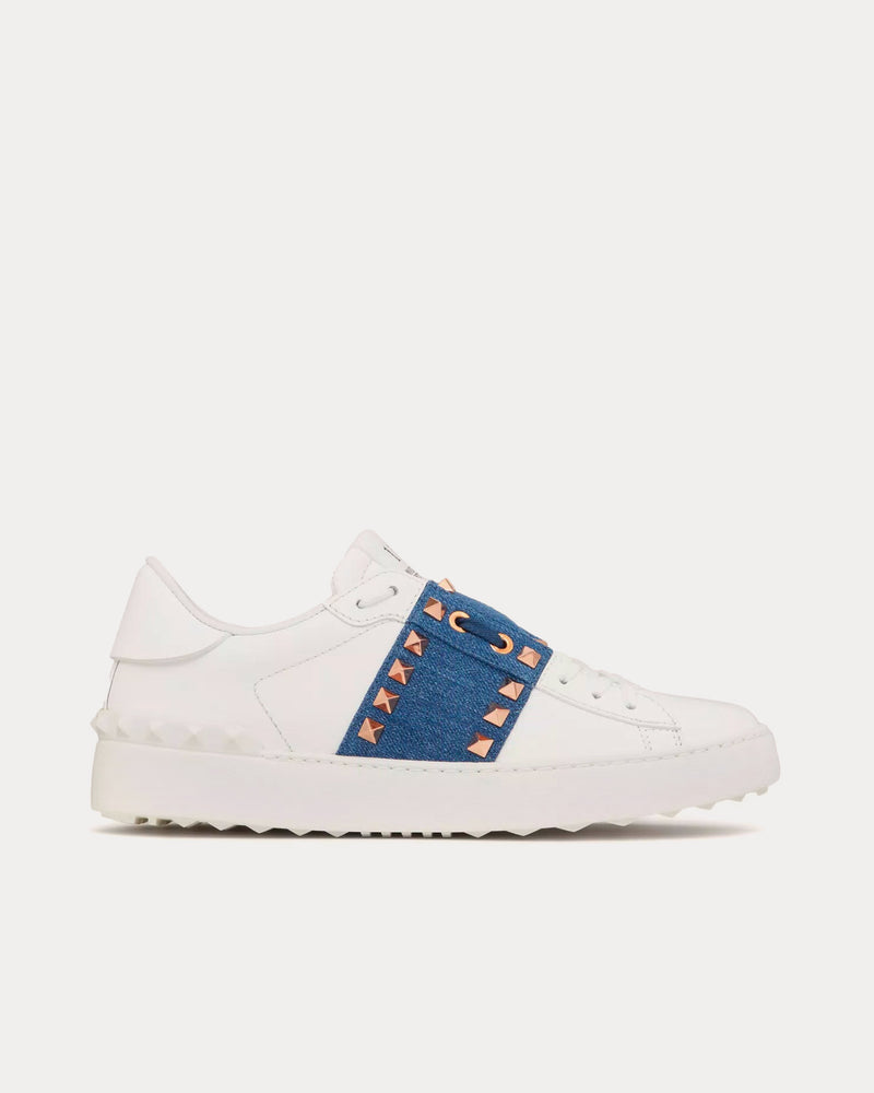 Valentino Rockstud Untitled Calfskin with Denim Band White / Denim Low Top Sneakers - 1