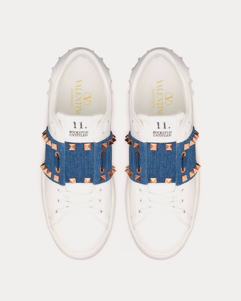 Valentino Rockstud Untitled Calfskin with Denim Band White / Denim Low Top Sneakers - 2