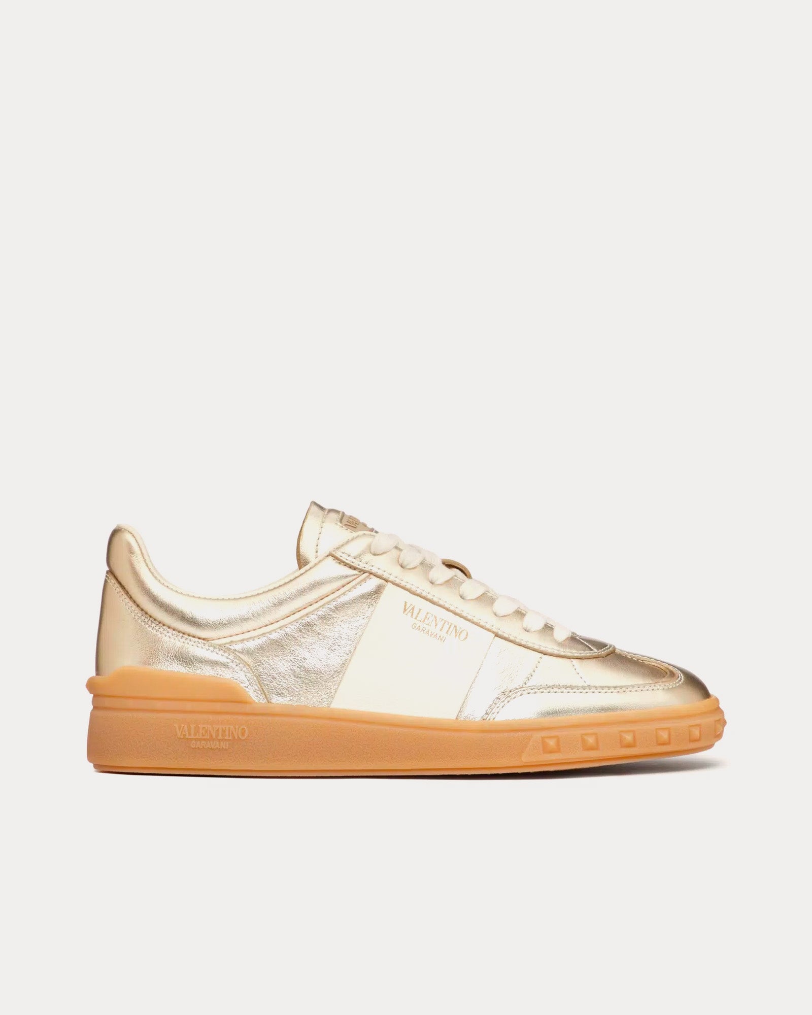 Valentino Upvillage Laminated Calfskin Leather Platinum Ivory Amber Low Top Sneakers Sneak in Peace