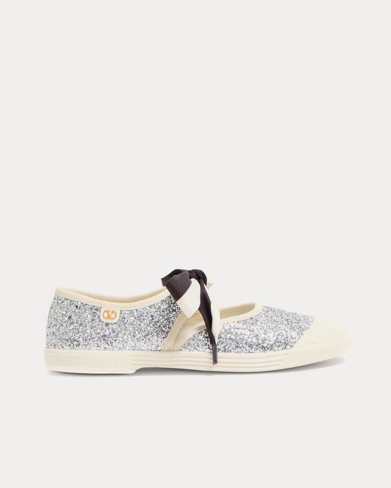 Valentino Bay By Bay Ballerina in Glitter Fabric Silver Slip Ons - 1