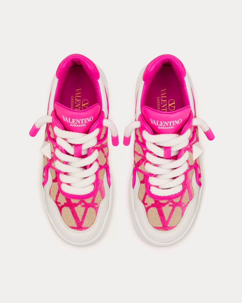 Valentino One Stud XL Nappa Leather & Toile Iconographe Fabric Beige / Pink PP Low Top Sneakers - 2