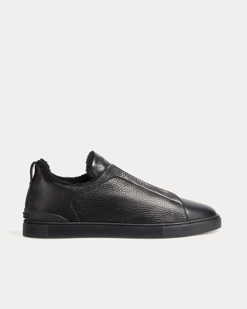 Zegna Triple Stitch Deerskin & Shearling Black Slip On Sneakers - 1