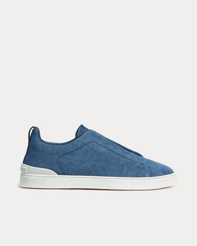 Zegna Triple Stitch Canvas Blue Slip On Sneakers