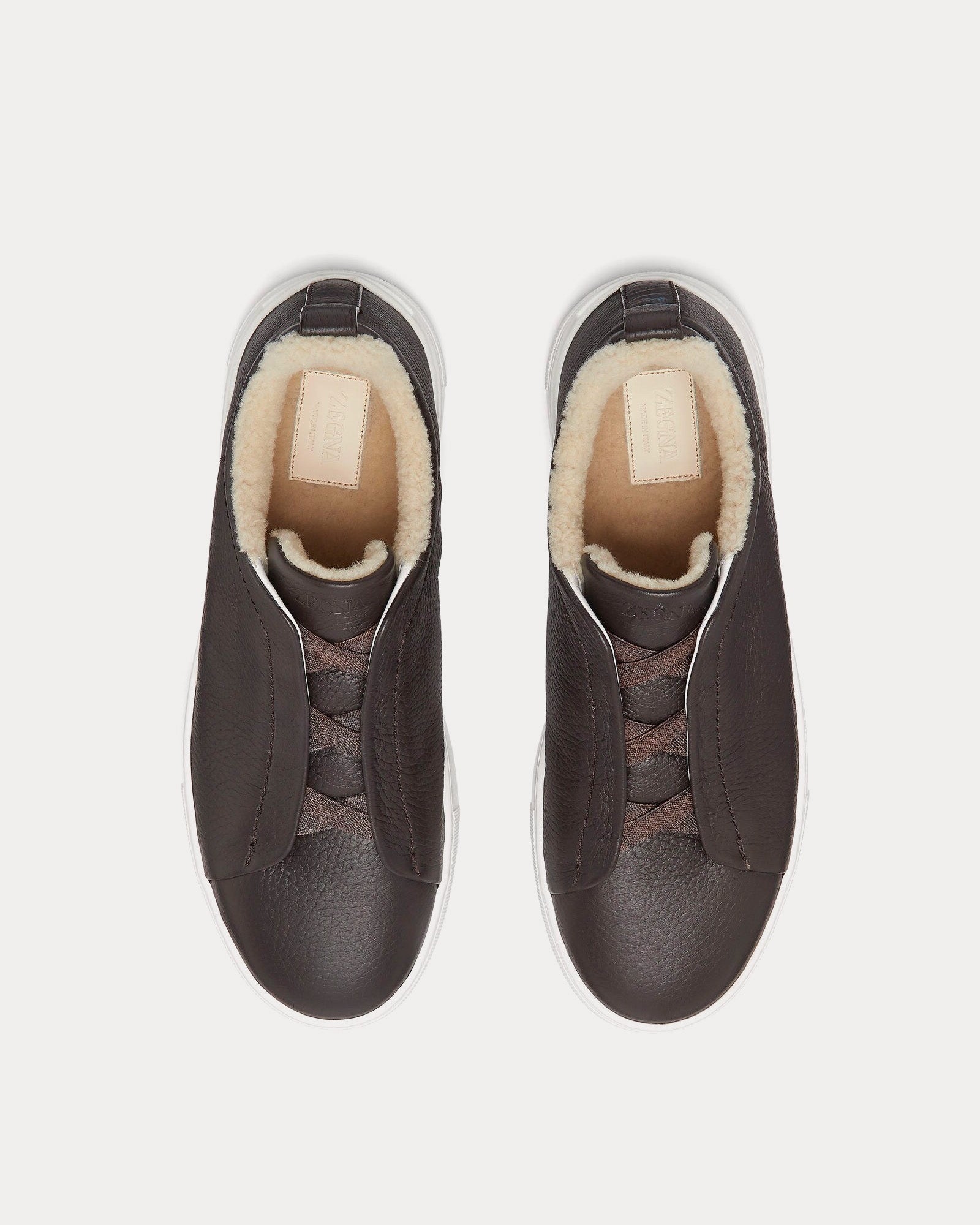 Zegna Triple Stitch Deerskin & Merino Shearling Dark Brown Slip On Sneakers - 2