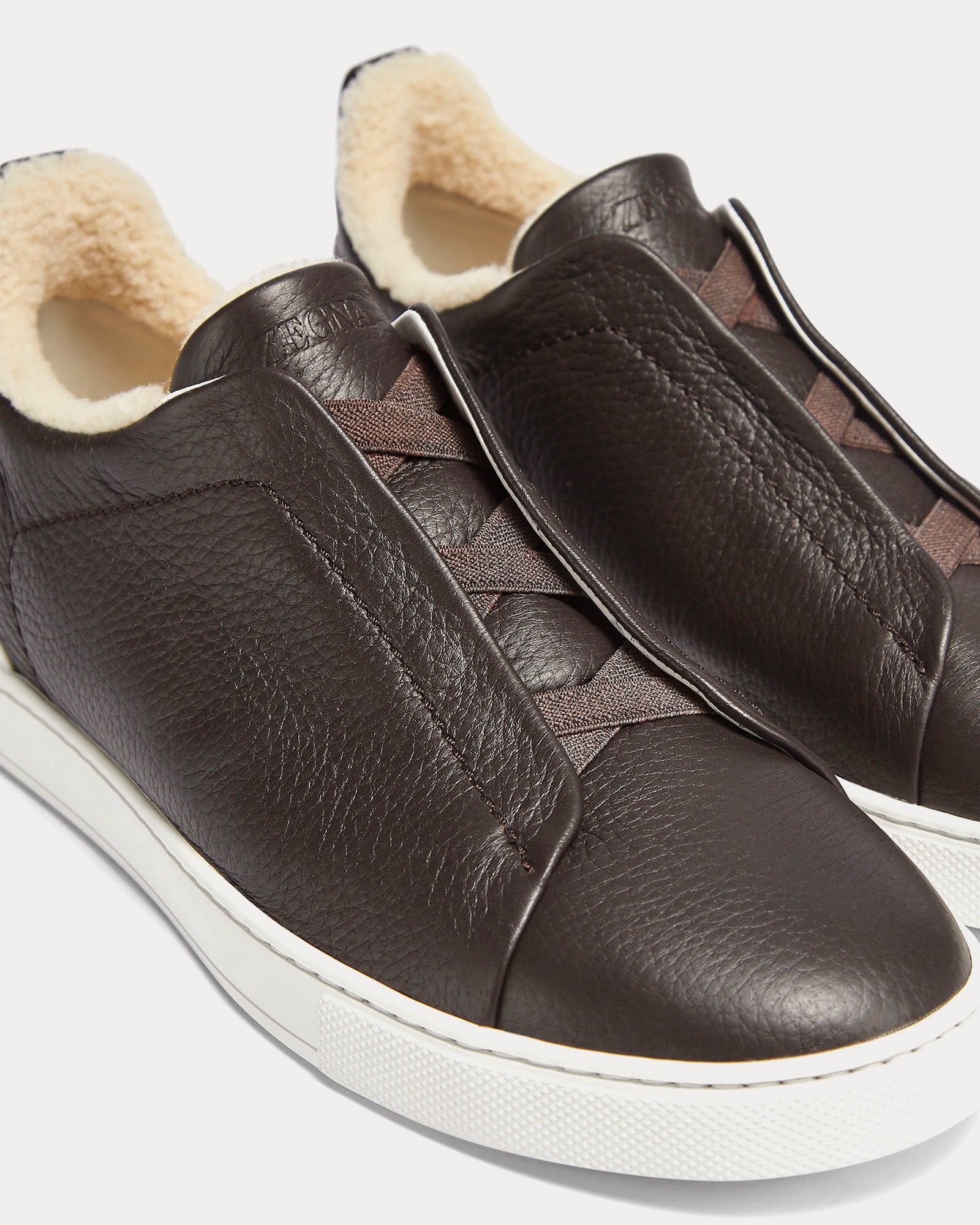 Zegna Triple Stitch Deerskin & Merino Shearling Dark Brown Slip On Sneakers - 3