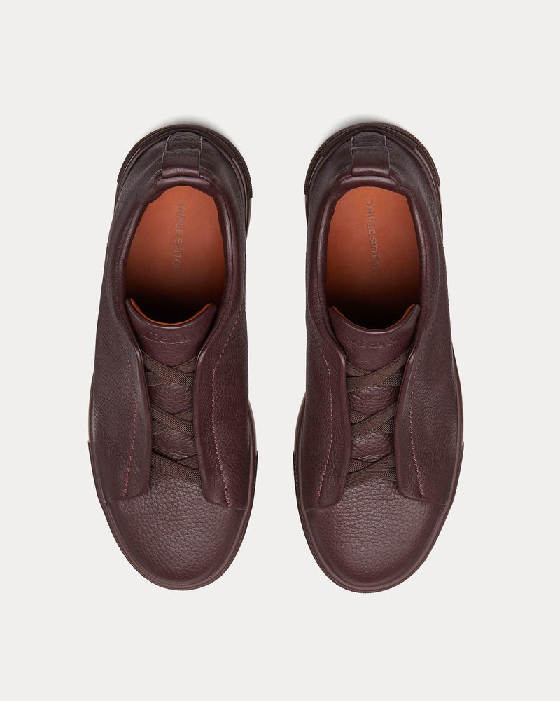 Zegna Triple Stitch Deerskin Dark Burgundy Slip On Sneakers - 2