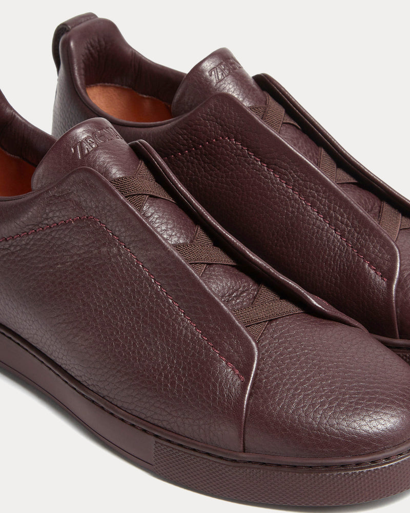 Zegna Triple Stitch Deerskin Dark Burgundy Slip On Sneakers - 3