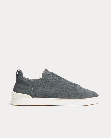 Zegna Triple Stitch Canvas Dark Taupe Slip On Sneakers