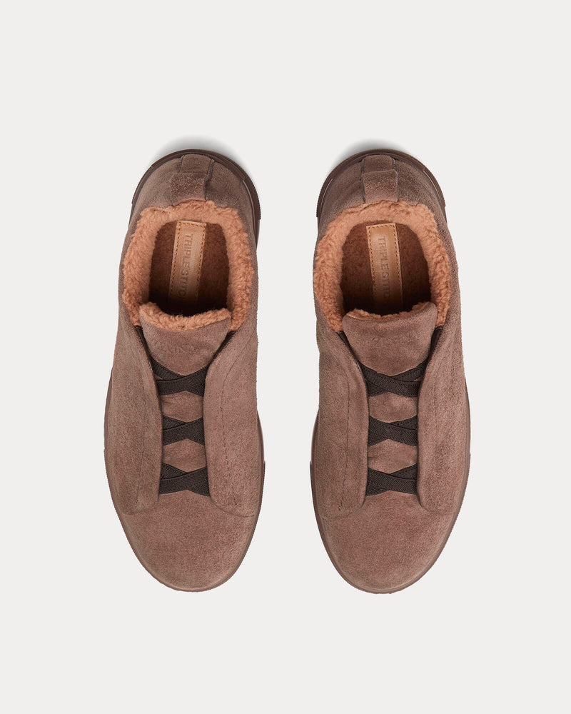 Zegna Triple Stitch Suede & Shearling Greyish Brown Slip On Sneakers - 2