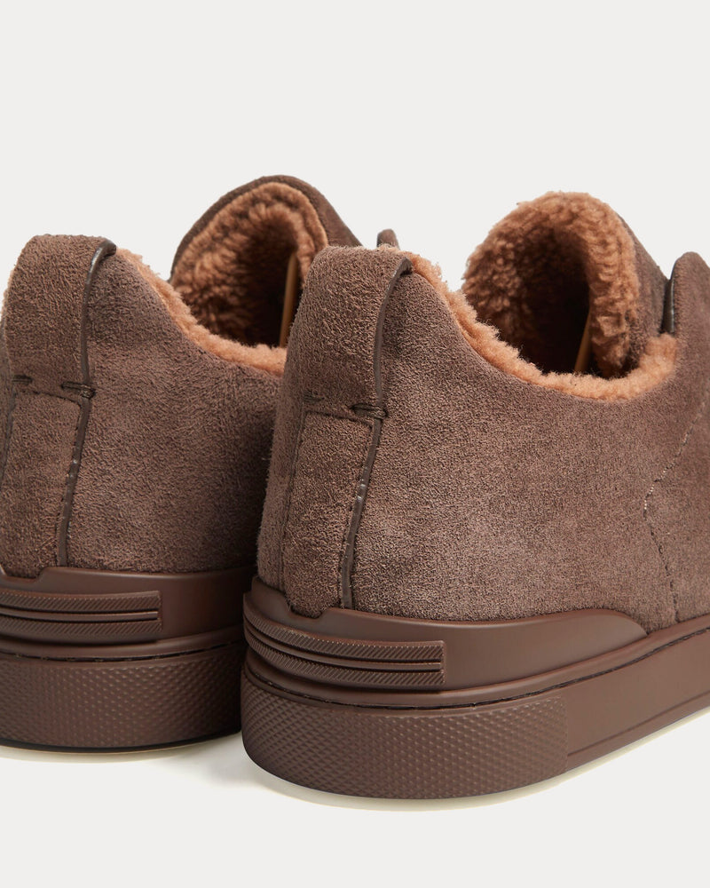 Zegna Triple Stitch Suede & Shearling Greyish Brown Slip On Sneakers - 3