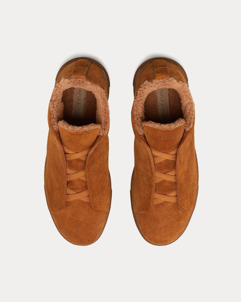 Zegna Triple Stitch Suede & Shearling Light Brown Slip On Sneakers - 2