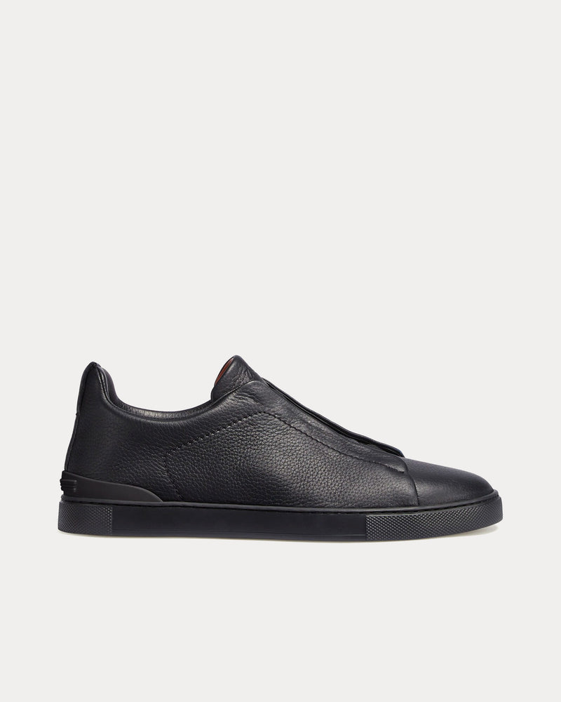 Zegna Triple Stitch Deerskin Black Slip On Sneakers - 1