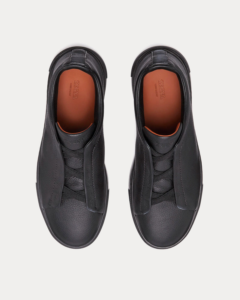 Zegna Triple Stitch Deerskin Black Slip On Sneakers - 2