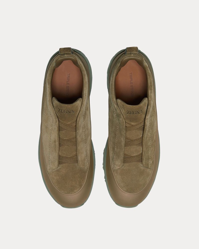 Zegna Triple Stitch Monte Suede Khaki Slip On Sneakers - 2