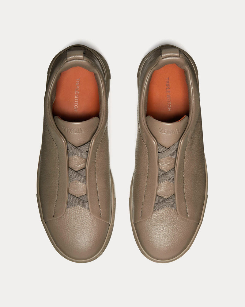 Zegna Triple Stitch Deerskin Taupe Slip On Sneakers - 2