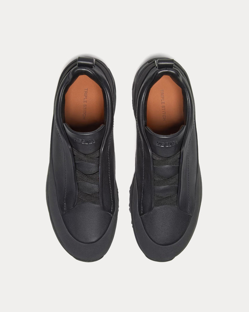 Zegna Triple Stitch Monte Leather Black Slip On Sneakers - 2