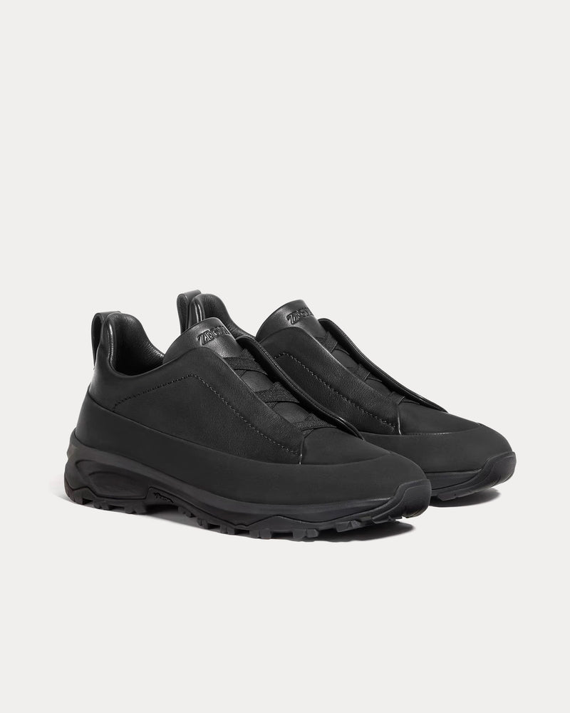 Zegna Triple Stitch Monte Leather Black Slip On Sneakers - 4