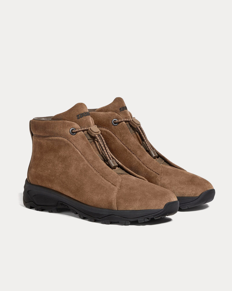 Zegna Triple Stitch Vetta Suede Brown High Top Sneakers - 3