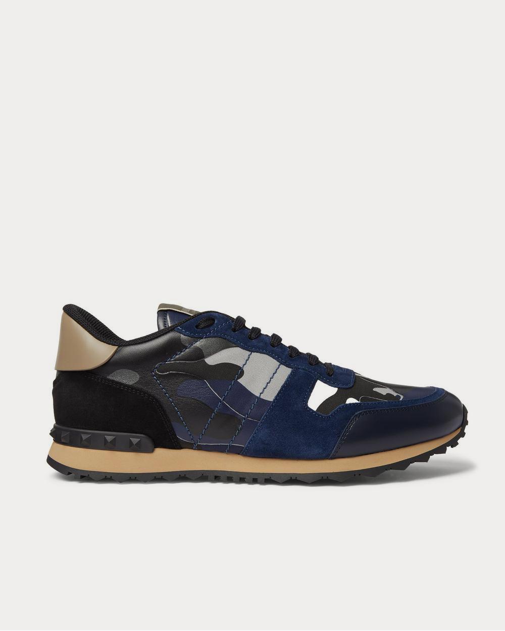 Valentino Rockrunner Camouflage Suede and Leather-Trimmed Canvas  Blue low top sneakers - 1