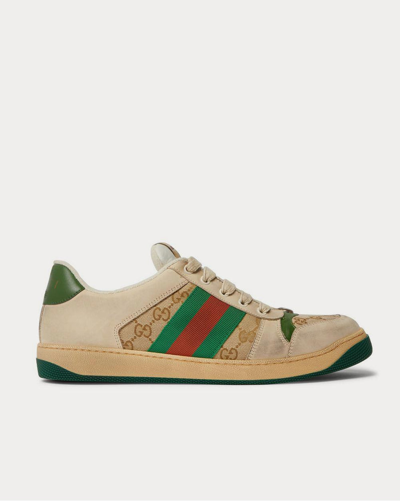 Gucci Screener Monogrammed Canvas and Webbing-Trimmed Distressed Leather  Brown low top sneakers - 1