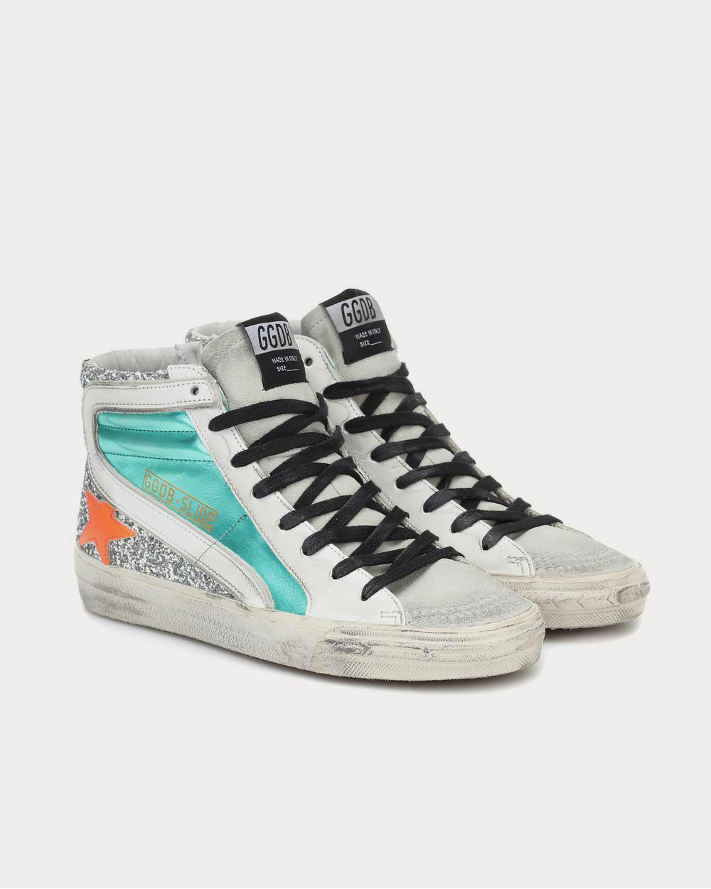 Golden Goose Slide metallic leather Aquamarine High Top Sneakers - 2