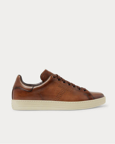 Tom Ford Warwick Burnished-Leather  Brown low top sneakers