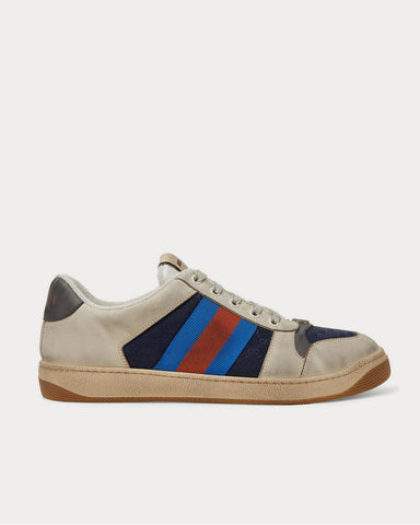 Gucci Screener Webbing-Trimmed Distressed Leather and Canvas  Navy low top sneakers