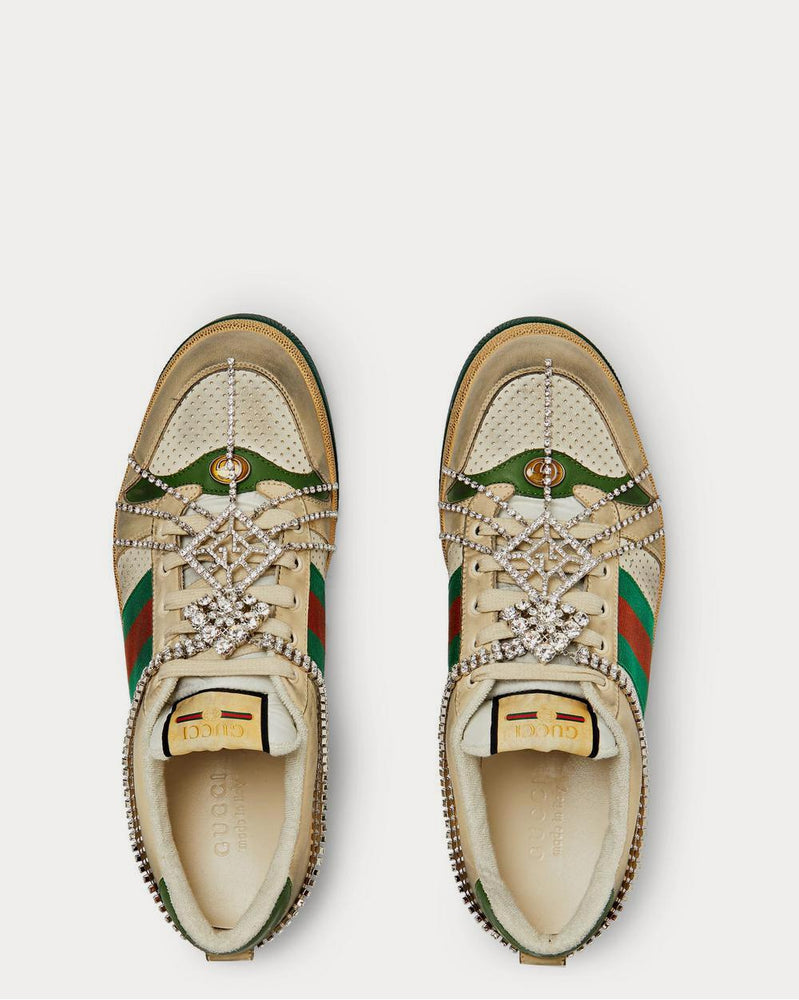 Gucci Virtus Distressed Crystal-Embellished Leather and Webbing  White low top sneakers - 6