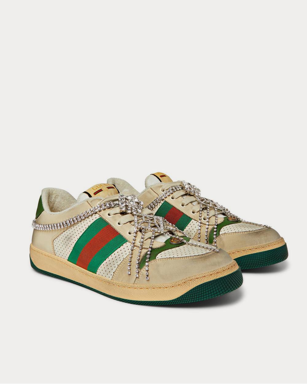 Gucci Virtus Distressed Crystal-Embellished Leather and Webbing  White low top sneakers - 2