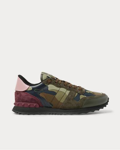 Valentino Rockrunner Camouflage-Print Canvas, Leather and Suede  Green low top sneakers