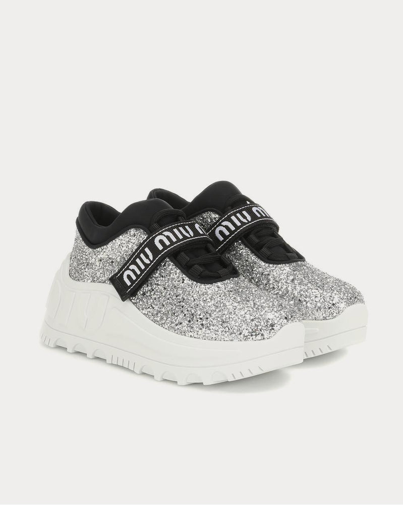 Miu Miu Logo glitter Silver Low Top Sneakers - 2