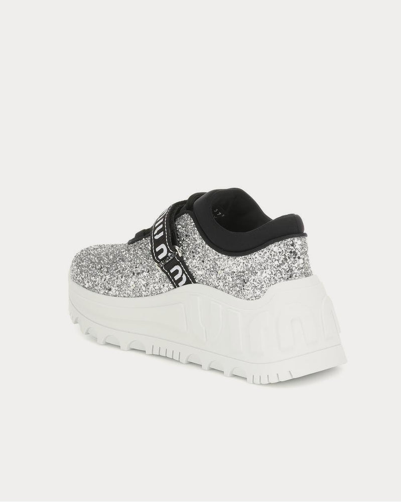 Miu Miu Logo glitter Silver Low Top Sneakers - 3