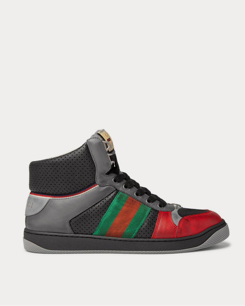 Gucci Screener Webbing-Trimmed Distressed Leather High-Top  Black high top sneakers - 1