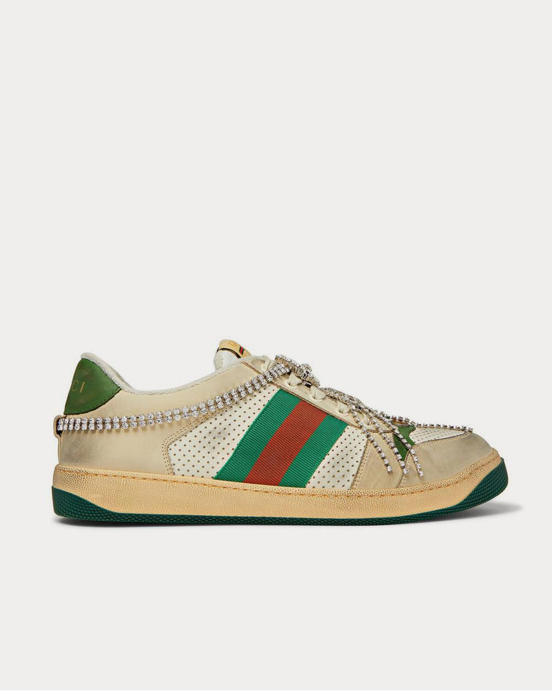 Gucci Virtus Distressed Crystal-Embellished Leather and Webbing  White low top sneakers - 1