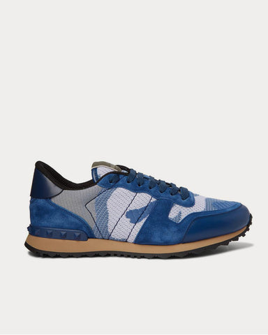 Valentino Rockrunner Camouflage-Print Mesh, Leather and Suede  Blue low top sneakers