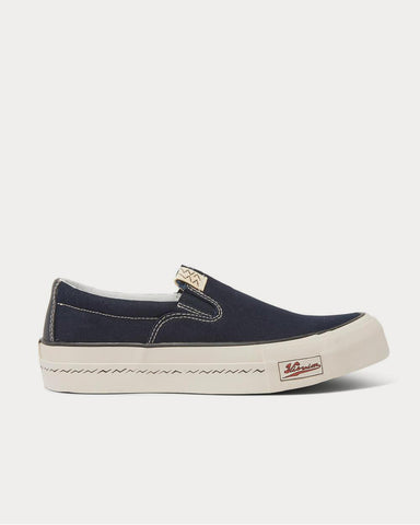 Visvim Skagway Leather-Trimmed Canvas Slip-On  Navy low top sneakers