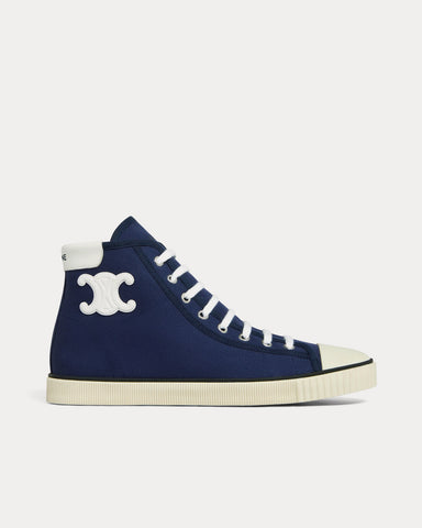 Celine Blank Lace Up Toe Cap Canvas & Calfskin Navy High Top Sneakers