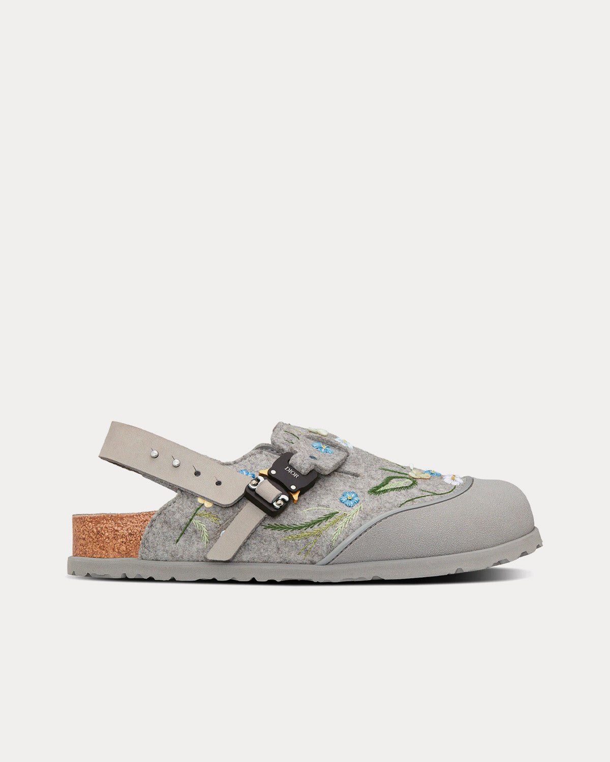 Dior x Birkenstock Tokio Dior Gray Felted Wool Embroidered with Flowers and Nubuck Calfskin Mules - 1