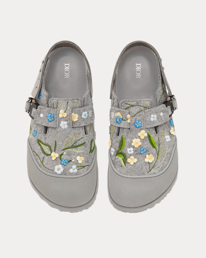 Dior x Birkenstock Tokio Dior Gray Felted Wool Embroidered with Flowers and Nubuck Calfskin Mules - 2