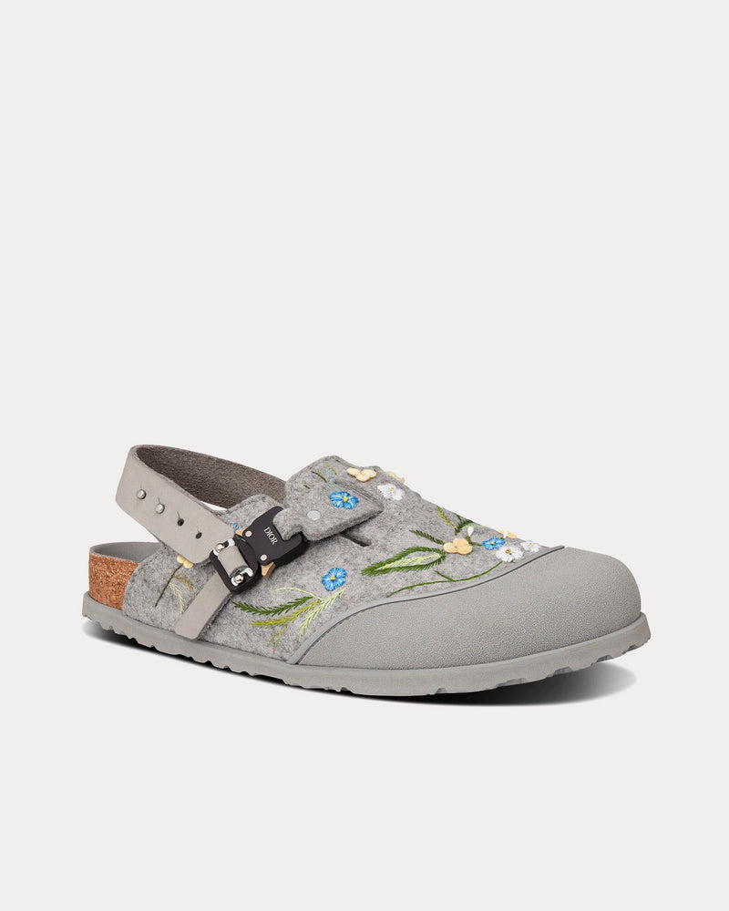 Dior x Birkenstock Tokio Dior Gray Felted Wool Embroidered with Flowers and Nubuck Calfskin Mules - 3