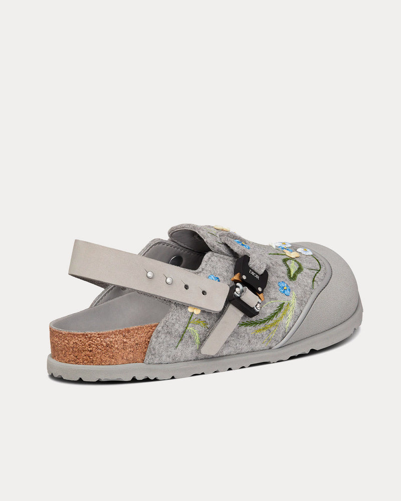 Dior x Birkenstock Tokio Dior Gray Felted Wool Embroidered with Flowers and Nubuck Calfskin Mules - 4