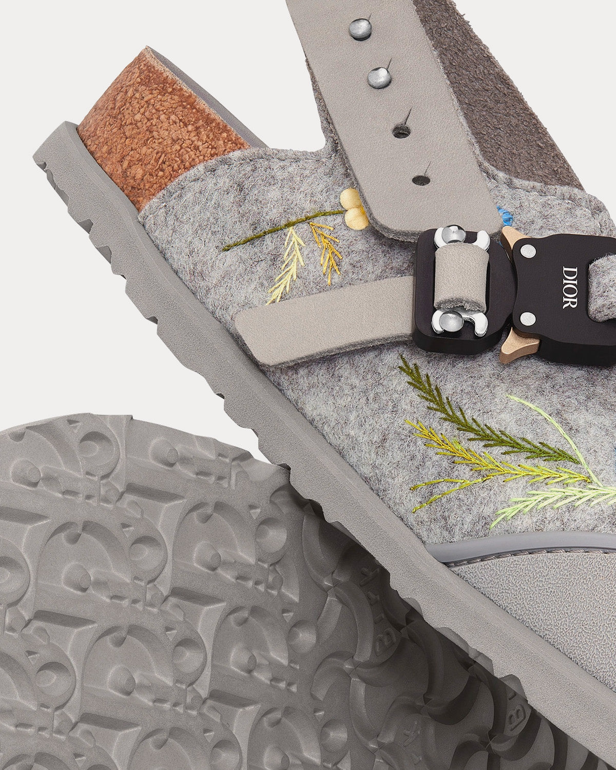 Dior x Birkenstock Tokio Dior Gray Felted Wool Embroidered with Flowers and Nubuck Calfskin Mules - 5